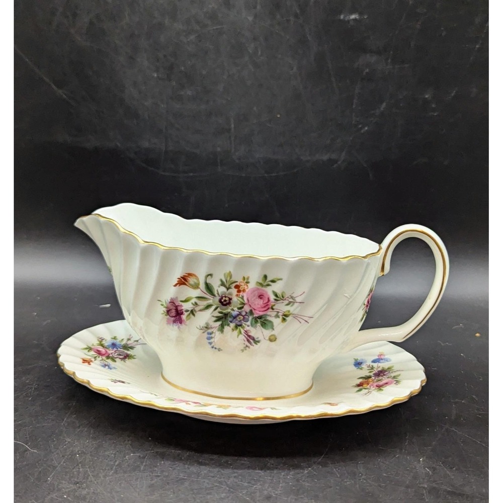 Vintage Minton Marlow 10" Gravy Boat W/ Underplate Flower Floral England